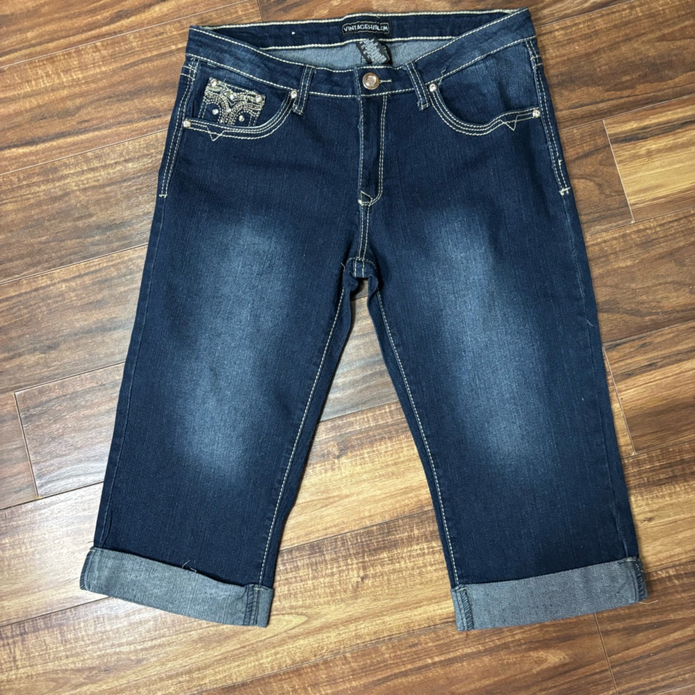 Vintageharlem stretch capri dark denim embellished pockets 13 stretchy beach